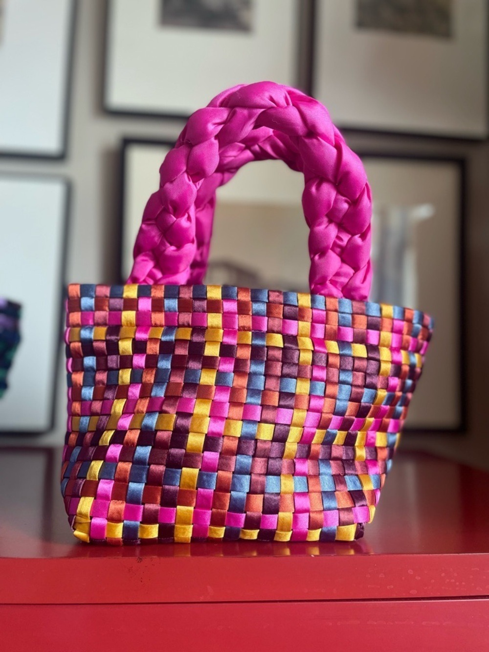 2 Handwoven Satin-Like Mini Tote Bags - Lavender/Blue/Green & Pink/Yellow/Orange - Picture 3 of 12
